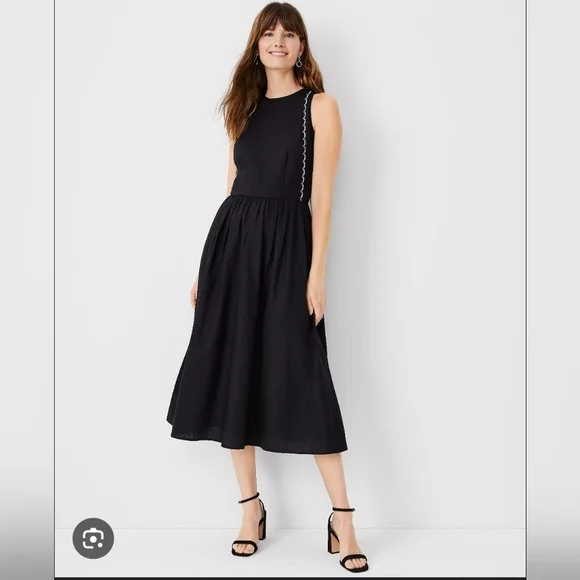 ANN TAYLOR, Scalloped Linen Blend Midi Dress, Black, Sz 8 - Picture 1 of 8